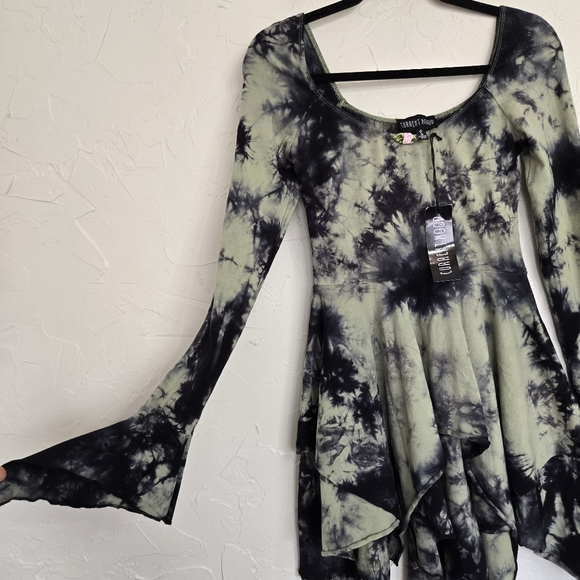 NWT Dolls Kill Current Mood Dyed Green Black Handkerchief Fairy Dress, S - Picture 4 of 9